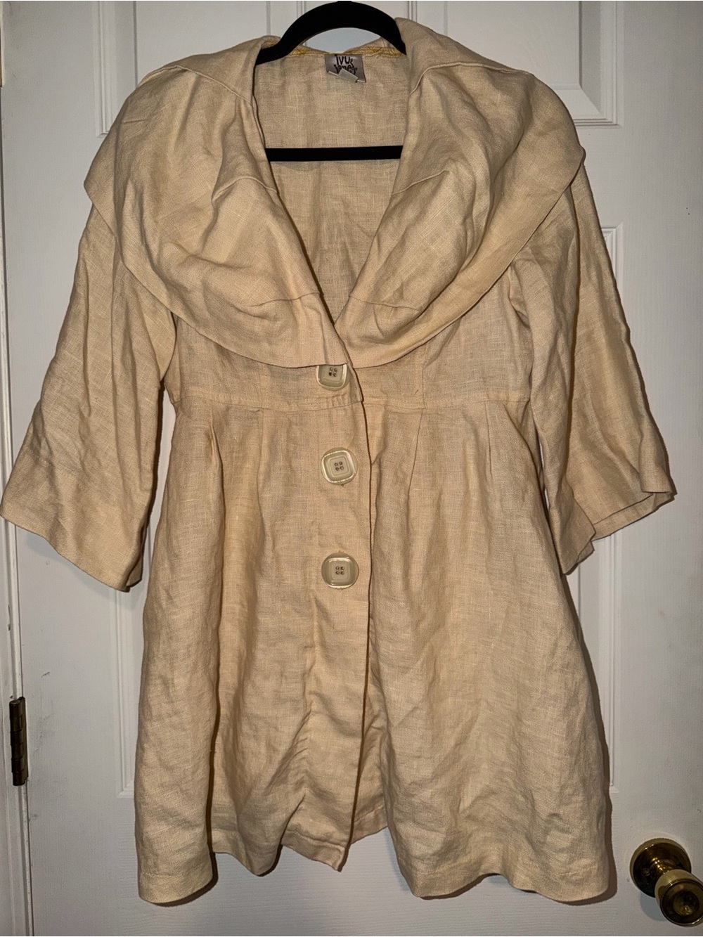 Ivy Jane Vintage Linen Statement Swing Jacket- Pale Yellow Shawl Collar Boho M